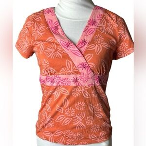 Sigrid Olsen Floral beaded V-Neck Orange Pink Women's Top medium petite
